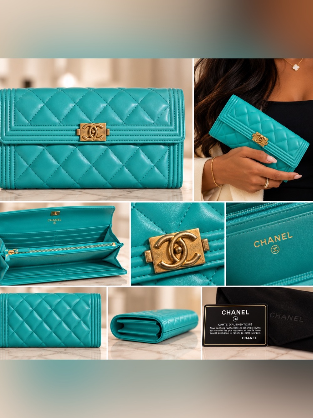 CHANEL Boy Long Wallet Turquoise Blue Quilted Gold CC Leather COA